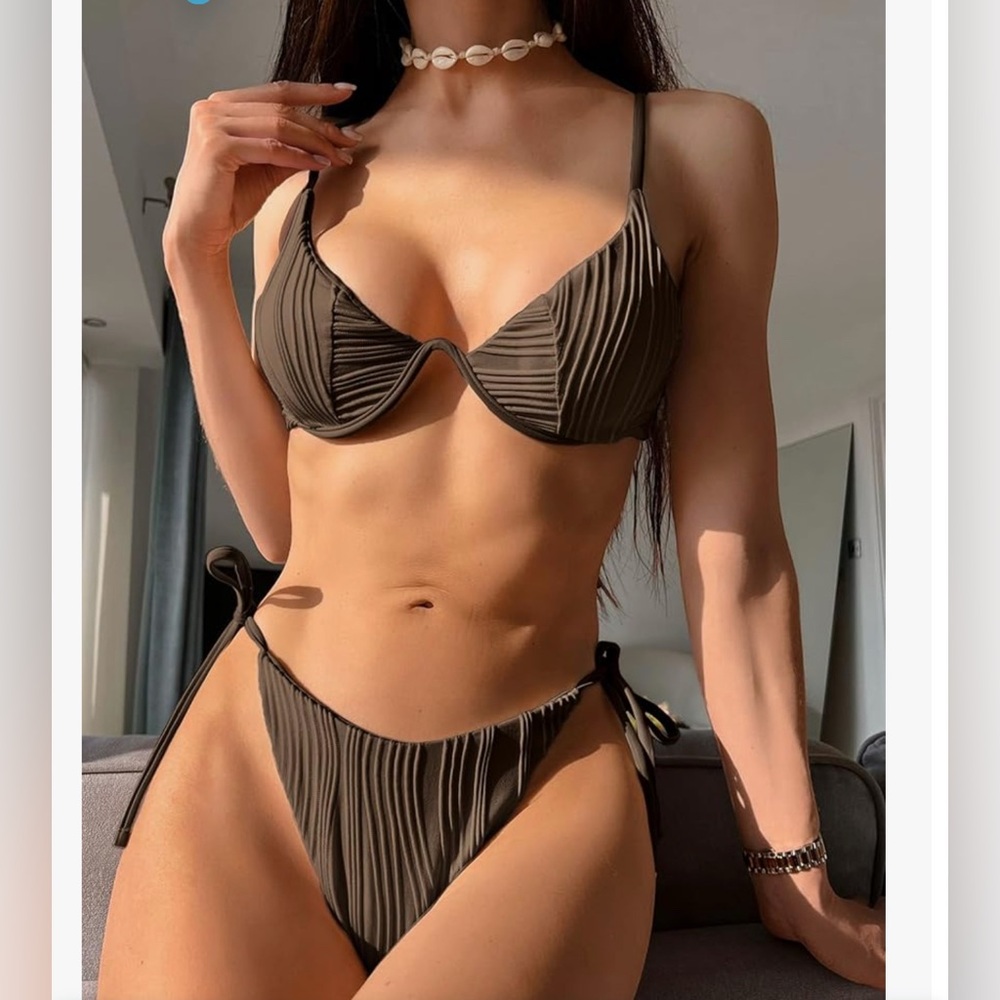 NWT Brown Ribbed Bikini Set 2 Piece Swimsuit Bathing Suit Side Tie Thong Clasp